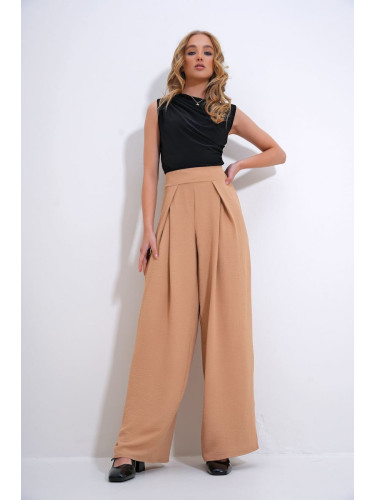 Trend Alaçatı Stili Women's Biscuit Front Pleated Loose Cut Palazzo Aerobin Woven Trousers