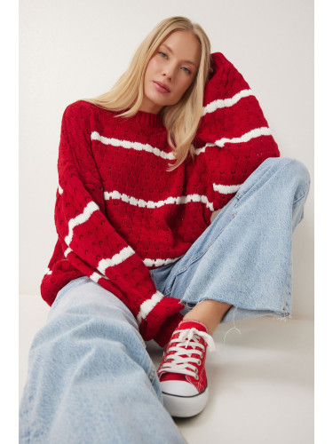 Happiness İstanbul WOMEN'S RED BALLOON SLEEVE STRIPED KNITWEAR SWEATER HI00003