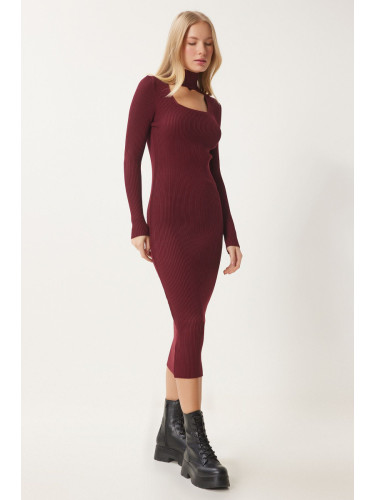 Happiness İstanbul Women's Burgundy Cut Out Detailed Stand Collar Ribbed Knit Dress