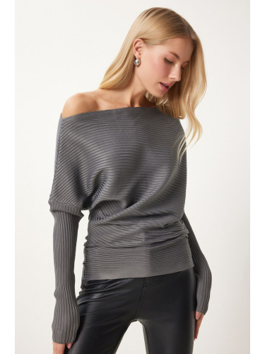 Happiness İstanbul Women's Anthracite Asymmetric Collar Ribbed Sweater