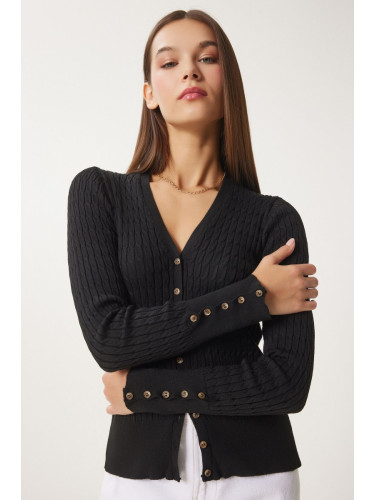 Happiness İstanbul Women's Black Thessaloniki Knit Detail Wrap Knitwear Cardigan