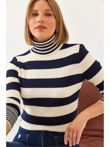 Bianco Lucci Women's Turtleneck Striped Knitwear Sweater