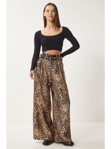 Happiness İstanbul Women's Beige Black Leopard Patterned Double Belted Culatte Woven Trousers