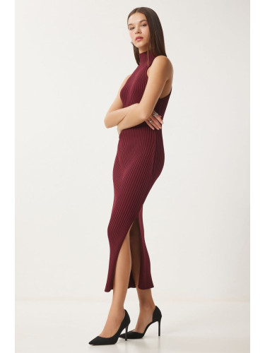 Happiness İstanbul Women's Burgundy Off-the-Shoulder Wrapped Ribbed Knit Dress