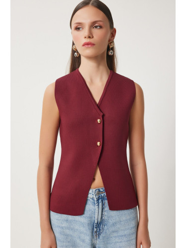 Happiness İstanbul Women's Burgundy V-Neck Stylish Buttoned Knit Vest