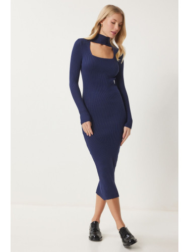 Happiness İstanbul Women's Navy Blue Cut Out Detailed Stand Collar Ribbed Knit Dress