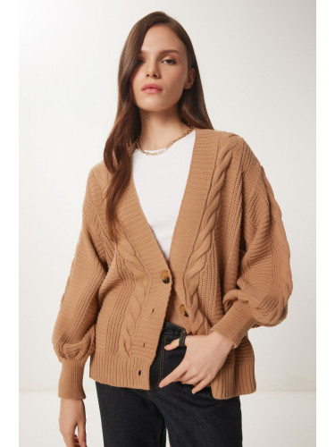 Happiness İstanbul Women's Biscuit Braided Balloon Sleeve Loose Knitwear Cardigan