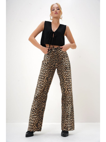 Trend Alaçatı Stili Women's Brown High Waist Leopard Print Denim Pants