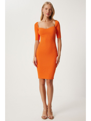 Happiness İstanbul Women's Orange Heart Neck Ribbed Wrap Mini Knit Dress