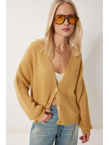 Happiness İstanbul Women's Mustard V-Neck Buttoned Knitwear Cardigan