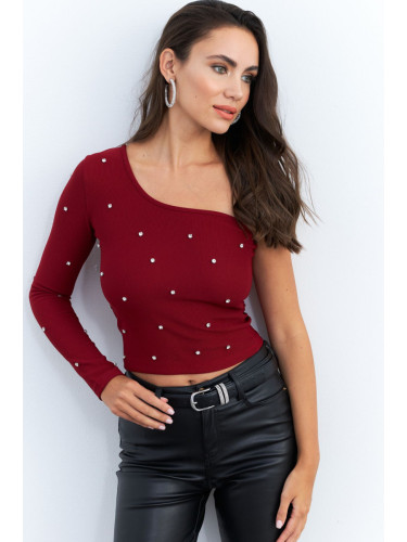 Cool & Sexy Women's Burgundy Stoned Single Sleeve Crop Blouse HOL2