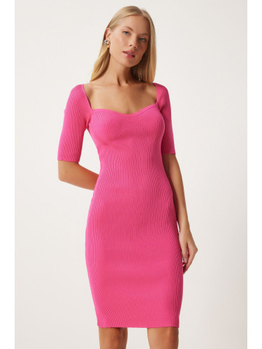 Happiness İstanbul Women's Fuchsia Heart Neck Ribbed Wrap Mini Knit Dress