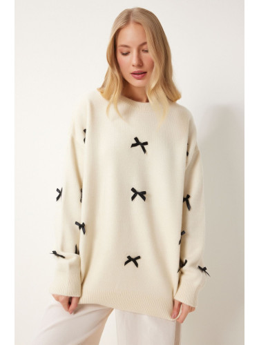 Happiness İstanbul Women's Ecru Bow Knit Sweater