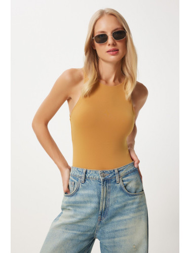 Happiness İstanbul Women's Mustard Crew Neck Snap Woven Bodysuit