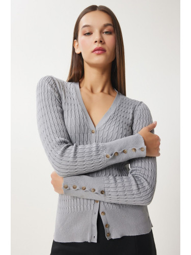 Happiness İstanbul Women's Gray Thessaloniki Knit Detail Wrap Knitwear Cardigan