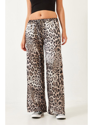 Bianco Lucci Women's Leopard Patterned Elastic Waist Satin Palazzo Trousers