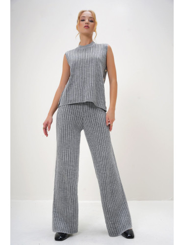 Trend Alaçatı Stili Women's Gray Half Turtleneck Side Buttoned Blouse and Palazzo Pants Set