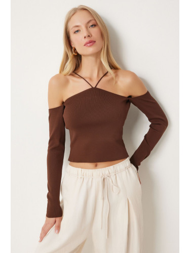 Happiness İstanbul Women's Brown Crossed Thread Knit Blouse