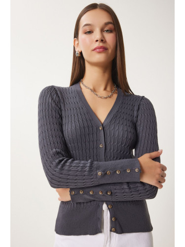 Happiness İstanbul Women's Anthracite Thessaloniki Knit Detail Wrap Knitwear Cardigan