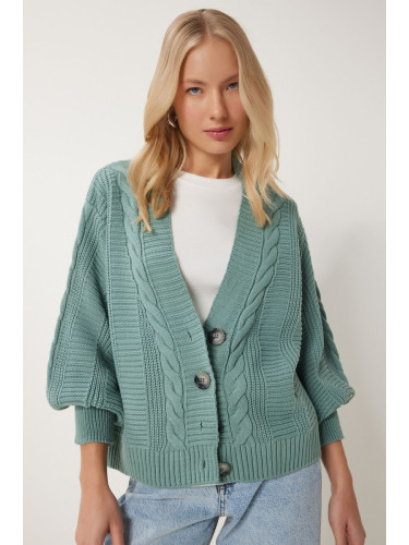 Happiness İstanbul Women's Green Braided Balloon Sleeve Loose Knitwear Cardigan