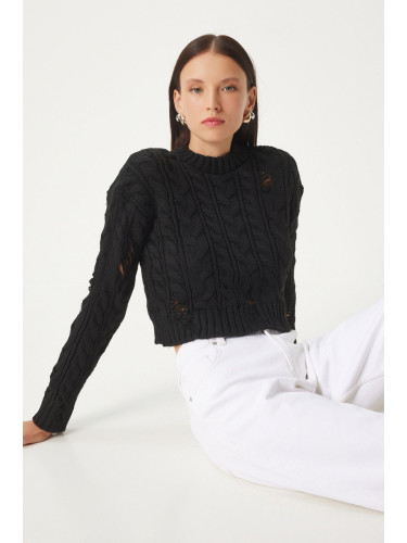 Happiness İstanbul Women's Black Ripped Detailed Knitted Sweater