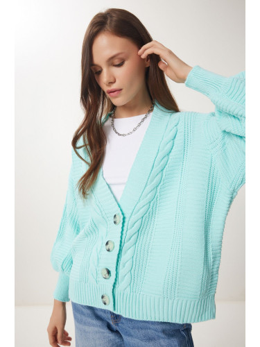 Happiness İstanbul Women's Water Green Braided Balloon Sleeve Loose Knitwear Cardigan