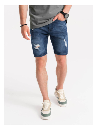 Ombre Men's denim short shorts with holes - dark blue