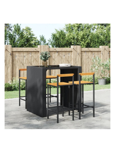 Sonata H Бар табуретки, 4 бр, черни, полиратан и акациево дърво масив