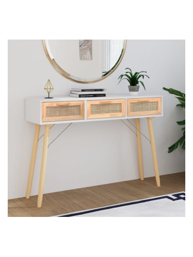 Sonata H Конзолна маса, бяла, 105x30x75 см, бор масив и естествен ратан