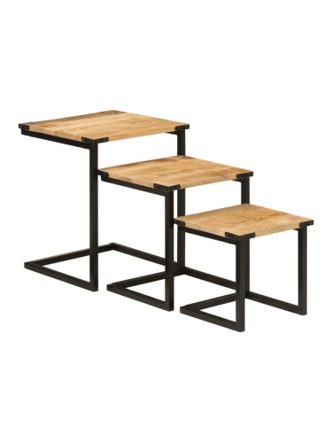 Sonata H Стифиращи масички за кафе, 3 бр, мангово дърво масив и желязо