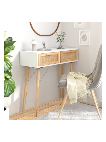 Sonata H Конзолна маса, бяла, 80x30x75 см, бор масив и естествен ратан