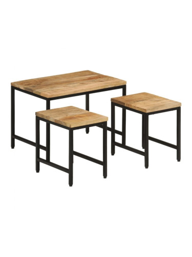 Sonata H Стифиращи маси за кафе, 3 бр, дърво груб манго масив и желязо