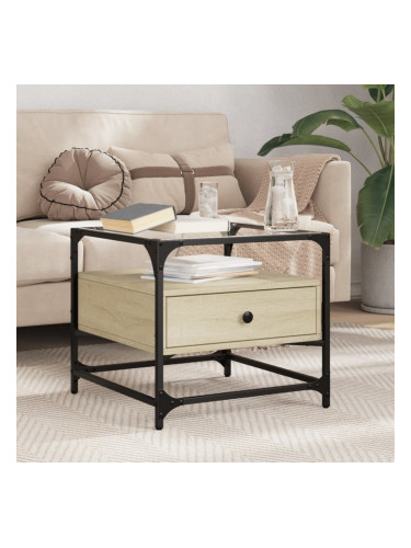 Sonata H Маса за кафе със стъклен плот, сонома дъб, 50x50x45 см, стомана