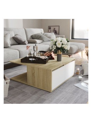 Sonata H Маса за кафе, бяло и дъб сонома, 80x80x31 см, инженерно дърво