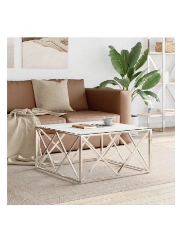 Sonata H Кафе маса, сребриста, 80x80x40 cм, неръждаема стомана и стъкло