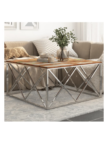 Sonata H Кафе маса, сребриста, инокс и масивно регенерирано дърво