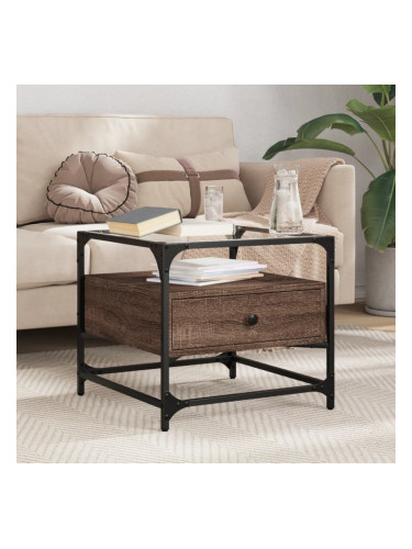 Sonata H Маса за кафе със стъклен плот, кафяв дъб, 50x50x45 см, стомана