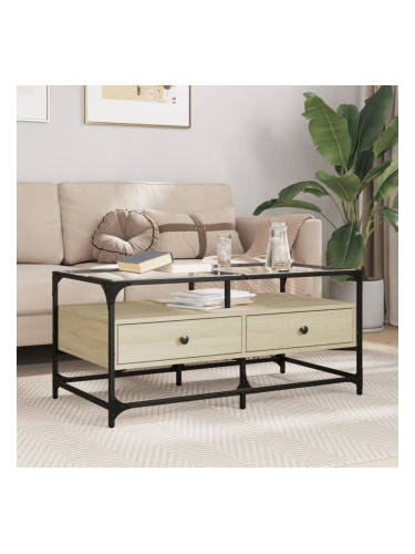 Sonata H Маса за кафе със стъклен плот, сонома дъб,98,5x50x45см, стомана