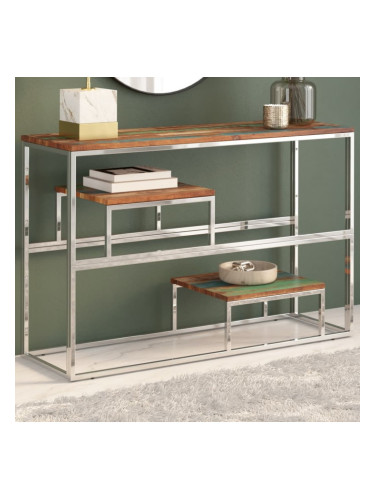 Sonata H Конзолна маса, сребриста, инокс и масивно регенерирано дърво