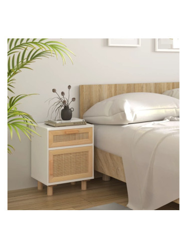Sonata H Нощно шкафче, бяло, борово дърво масив и естествен ратан