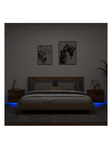 Sonata H Нощни шкафчета за стена с LED осветление, 2 бр, опушен дъб