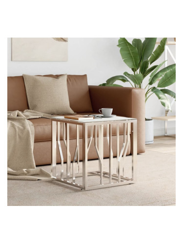 Sonata H Кафе маса, сребриста, 50x50x50 cм, неръждаема стомана и стъкло