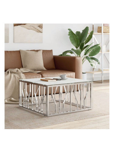 Sonata H Кафе маса, сребриста, 80x80x40 cм, неръждаема стомана и стъкло