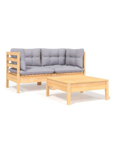 Sonata H Градински лаундж комплект 3 части сиви възглавници бор масив