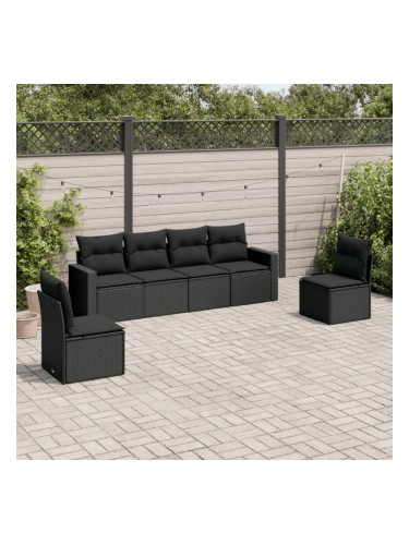 Sonata H Градински диван с възглавници, 6 части, черен, полиратан