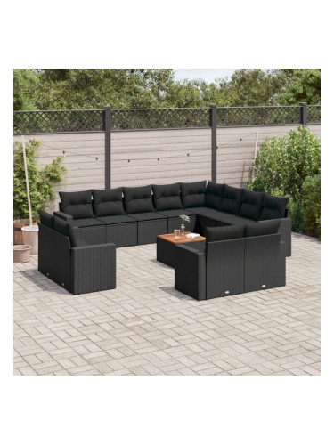 Sonata H Градински диван с възглавници, 13 части, черен, полиратан