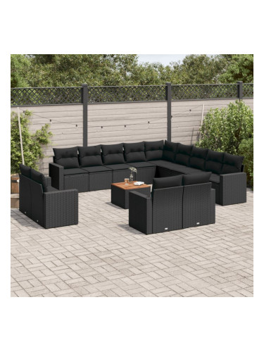 Sonata H Градински диван с възглавници, 14 части, черен, полиратан