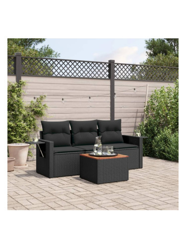 Sonata H Градински диван от 4 части с възглавници, черен, полиратан