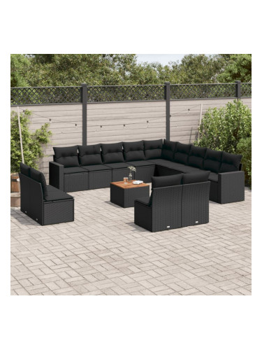 Sonata H Градински диван с възглавници, 14 части, черен, полиратан