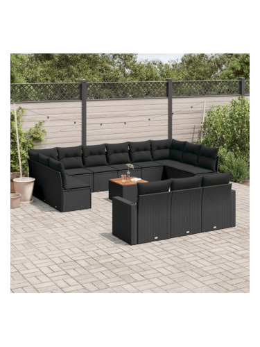 Sonata H Градински диван с възглавници, 14 части, черен, полиратан